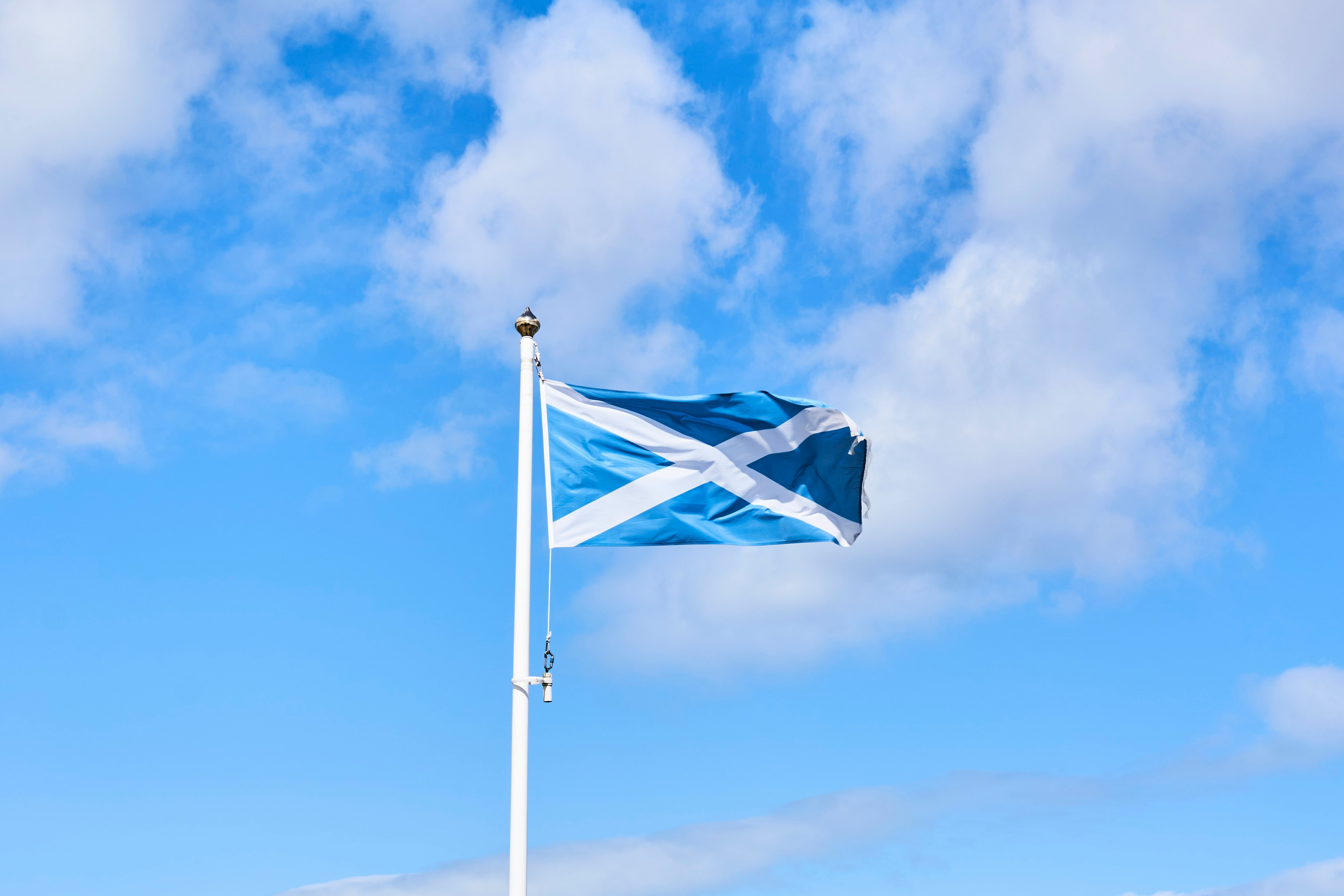 Photo of the Scottish flag on a flagpole. The sky is in the background.