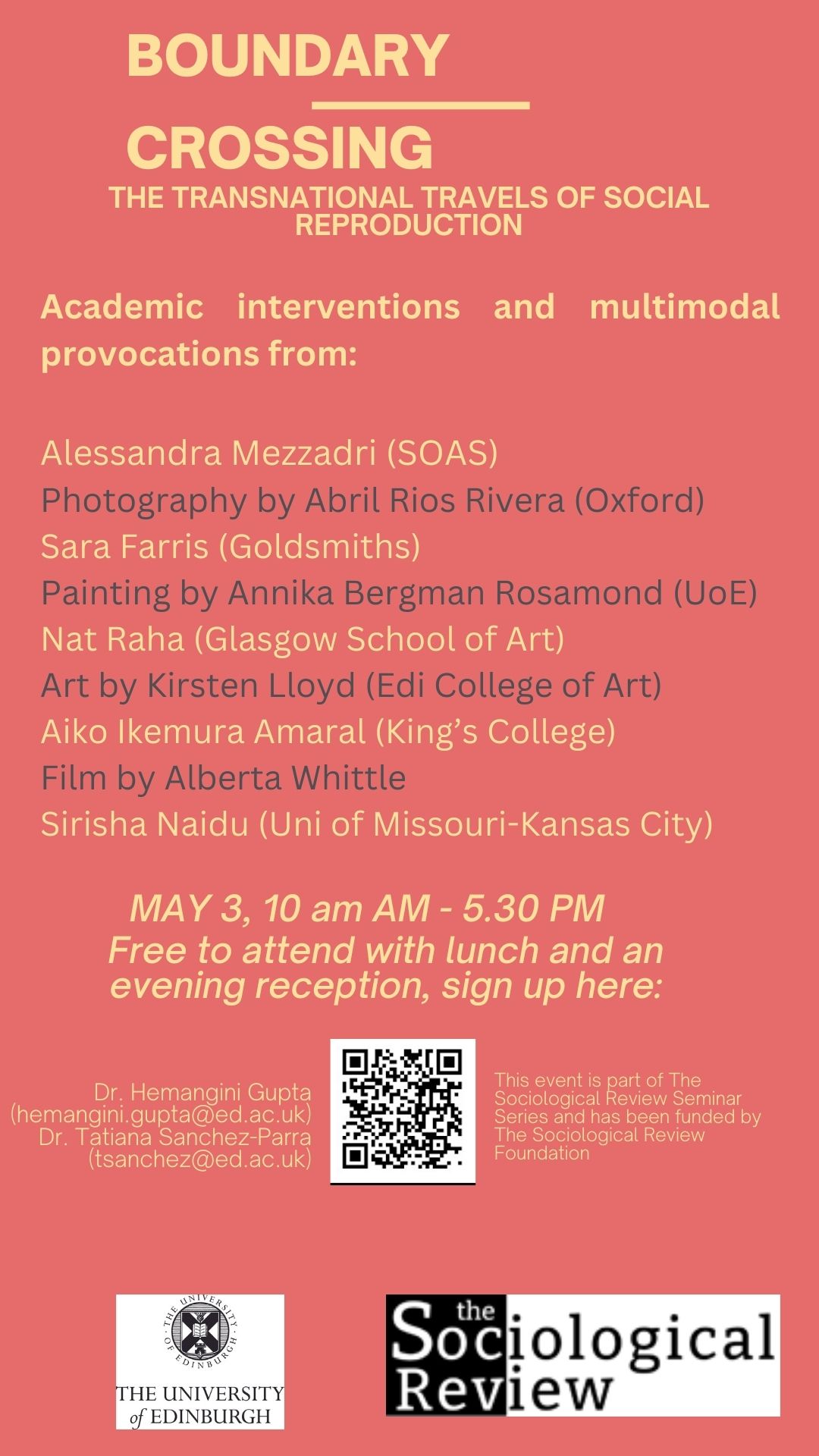 the poster in a shade of pink featuring the speakers at the seminar