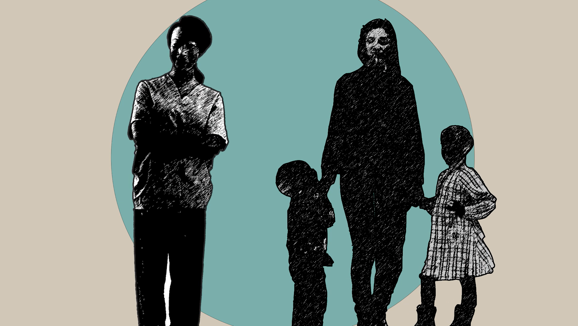 On the left side of the photo, a woman is standing with her arms crossed.  On the  right side, a woman is standing and smiling. In each of her hands, she is holding the hand of a child. All people in the photo are covered by shadows, so it is difficult to tell their exact facial expressions.
