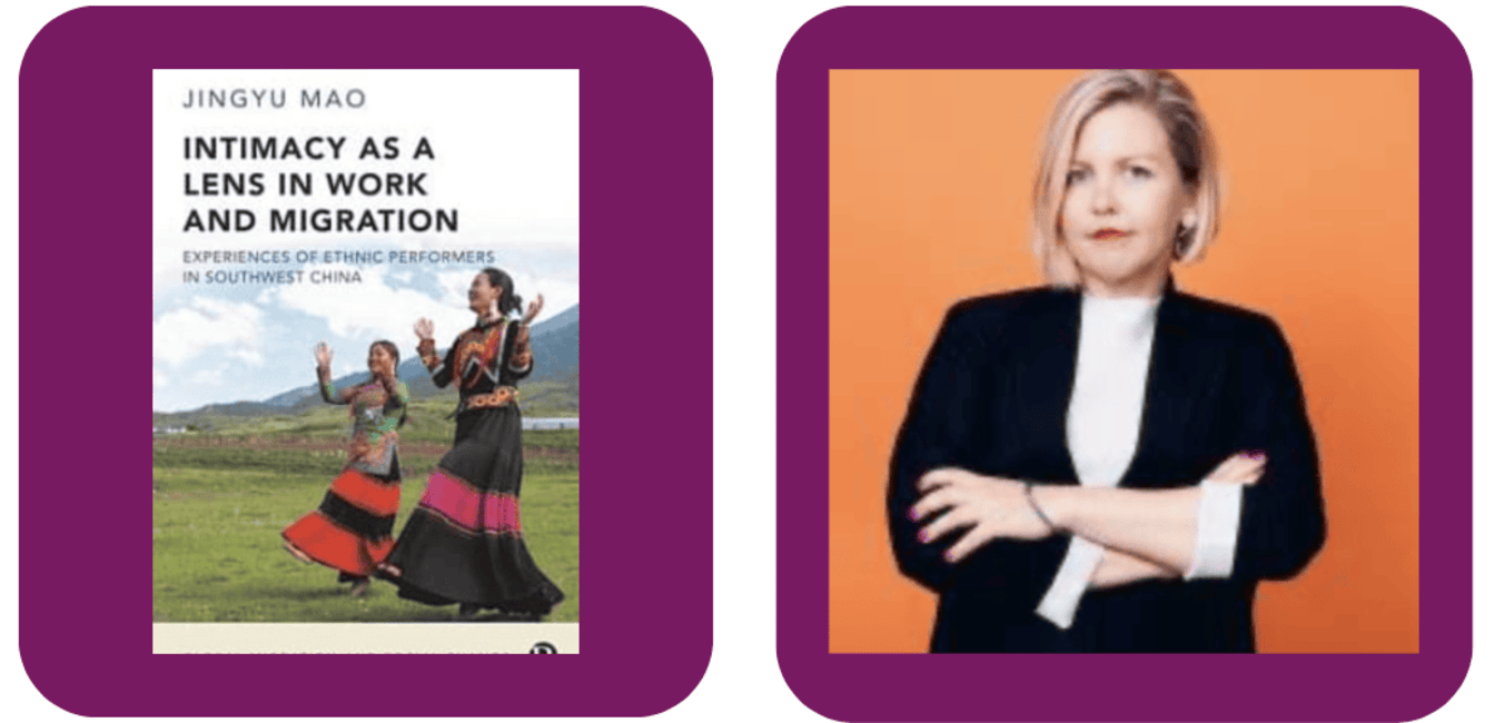 Purple background split between a photo of Dr Suvi Rautio and the cover of Intimacy as a Lens in Work and Migration