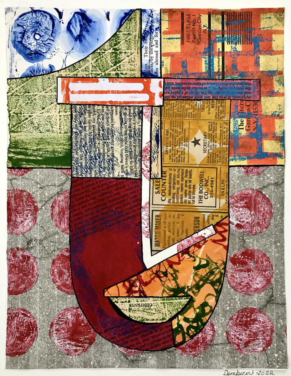 Image includes a collage of different coloured and patterned pieces of art.