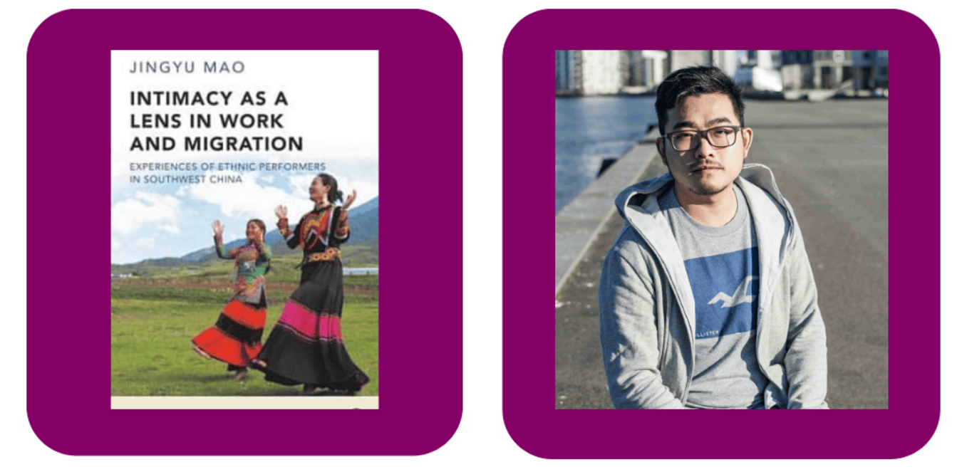 Photo of the front cover of Jingyu Mao's book and a photo of Guanyu Jason Ran against a purple background