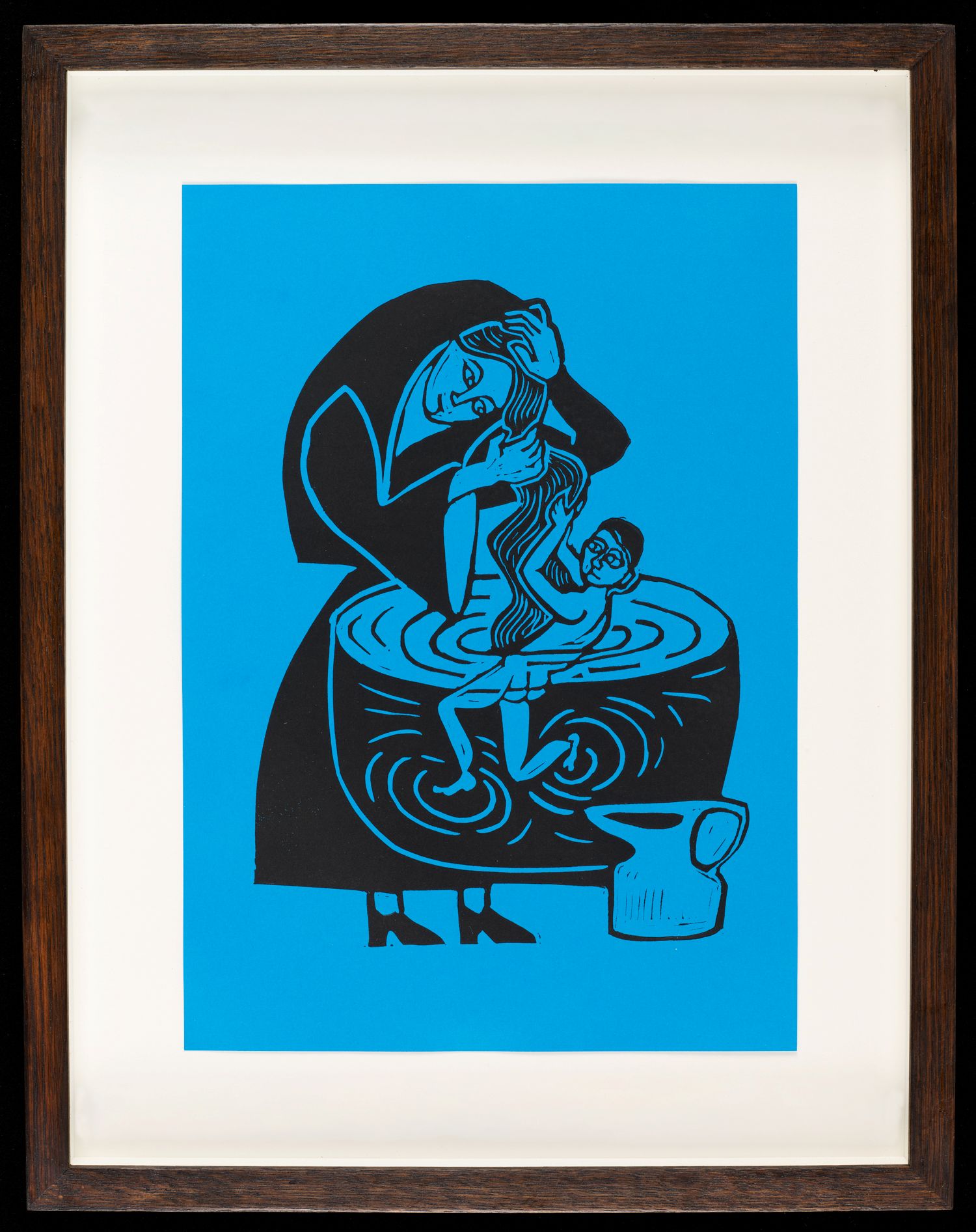 Art work featuring a woman who is bathing a child in a round bathtub. The child is gripping onto her long wavy hair.