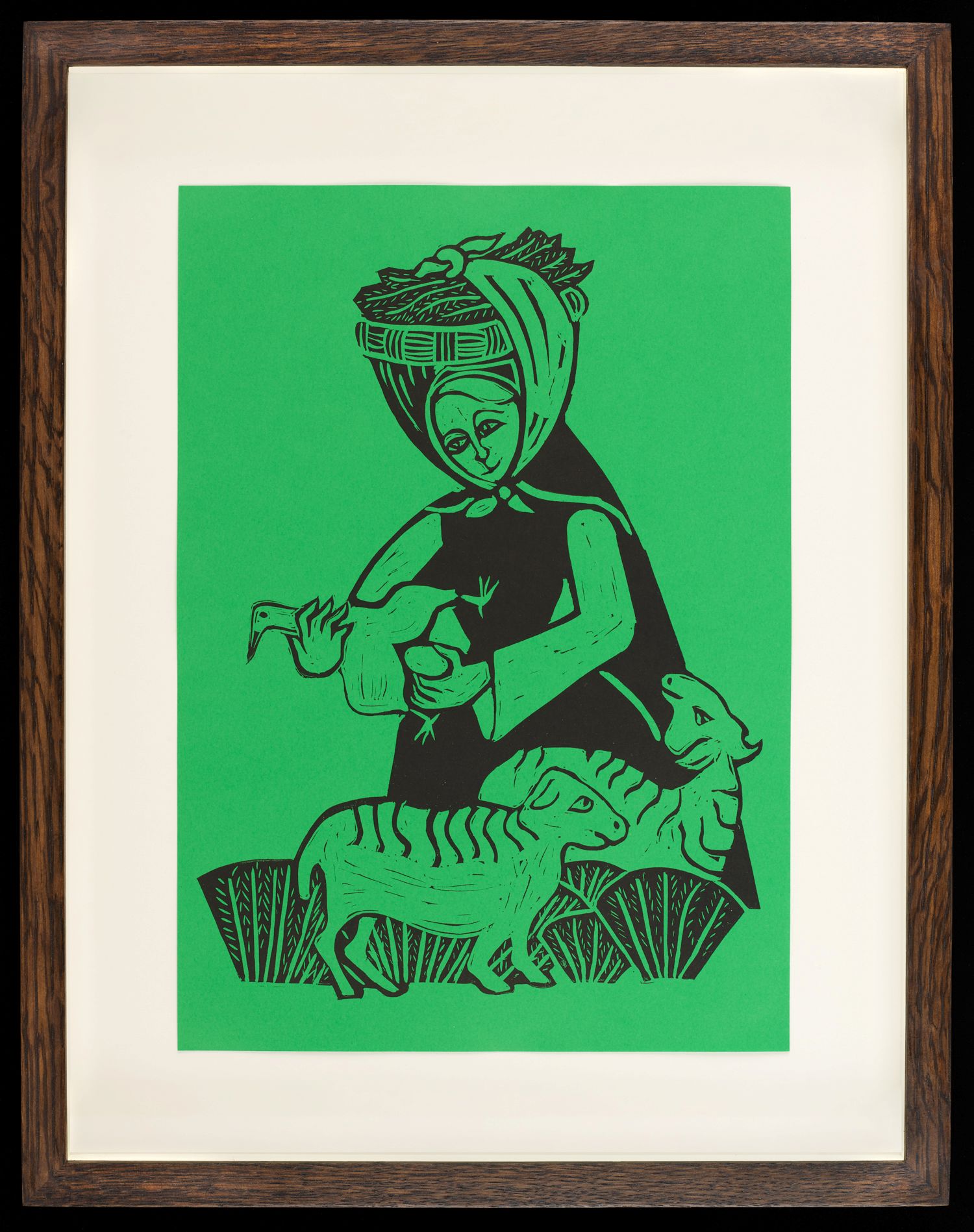 Art work featuring a woman who is removing an egg from a chicken or goose. She is accompanied by two sheep and is carrying a basket on top of her head. 
