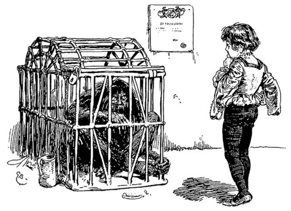 Eisenhans, or Iron John in the cage, by Gordon Browne (1894)  Iron John is the eponymous character of the novel by the Grimm brothers. Bly proposes a retelling of this fairytale (1990) to highlight men’s struggle and the need for initiation in the U.S at the time. Throughout Bly’s work, Iron John embodies the archetype of the Wild Man.