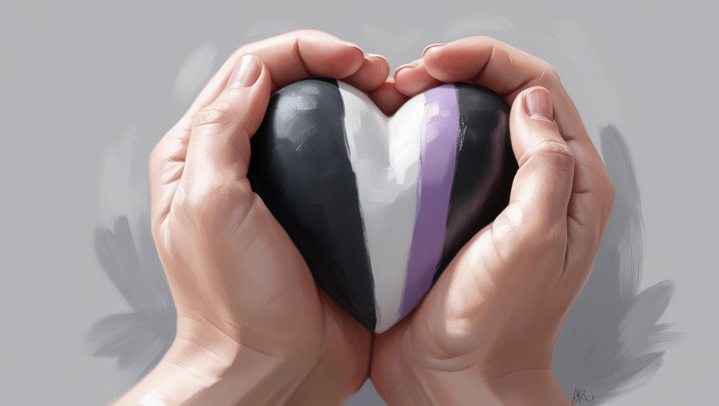 Picture of the asexual flag in the shape of a heart embraced by two hands.