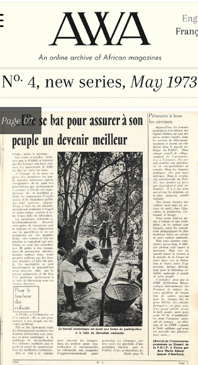 A page from AWA, reporting on PAIGC female freedom fighters and their role in social reproduction.