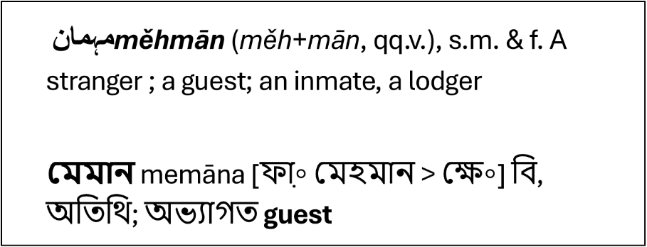 Definition of the word ‘mehmaan’ in Urdu and Bangla. Source: Digital Dictionaries of South Asia 