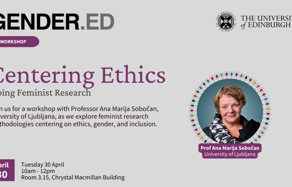 A poster for Centering Ethics, Doing Feminist Research with Prof Ana Marija Sobočan, which details the timing and location for the event (as per above).