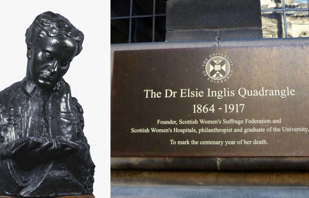 On the left, there is a status of Elsie Inglish and on the right, there is a plaque marking the centenary year of Dr Elsie Inglis death. At the top of the plaque, there is a University of Edinburgh logo, beneath that, the plaque reads: 'The Dr Elsie Inglis Quadrangle: 1864-1917: Founder, Scottish Women's Suffrage Federation and Scottish Women's Hospitals, philanhtropist, and graduate of the University. 