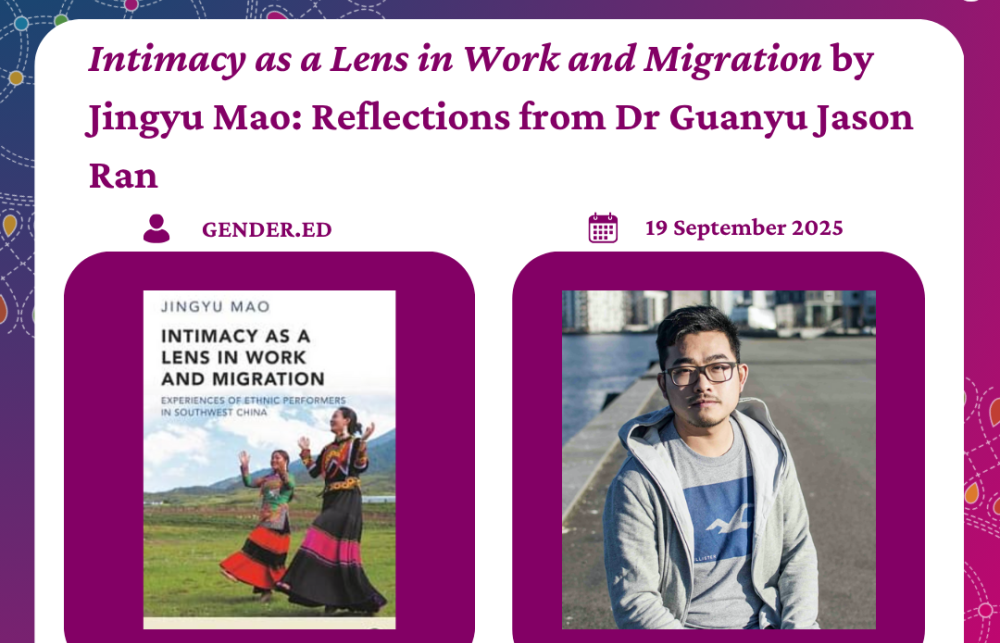 Purple background split between a photo of Dr Guanyu Jason Ran and the cover of Intimacy as a Lens in Work and Migration