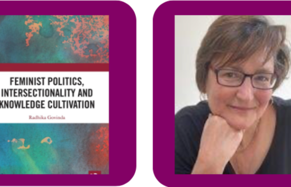 Purple background split between a photo of Prof. Fiona Mackay and the cover of Feminist Politics, Intersectionality and Knowledge Cultivation