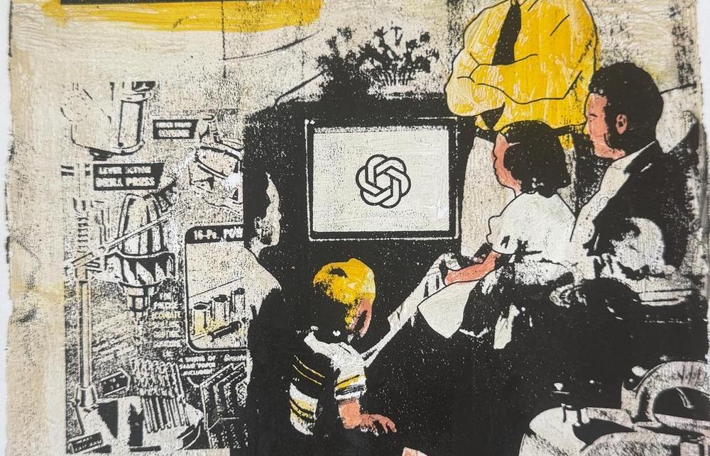 Sam Altman watches over a family consuming his AI. The living room vignette is framed by power tool imagery. The words “Behaviour Power” are the top of the artwork, framing the intent of the piece.